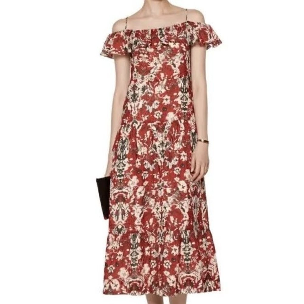 IRO Yonelia Floral Ruffle Trim Midi Dress Red Women's 36 U.S. 4 Boho Hippie